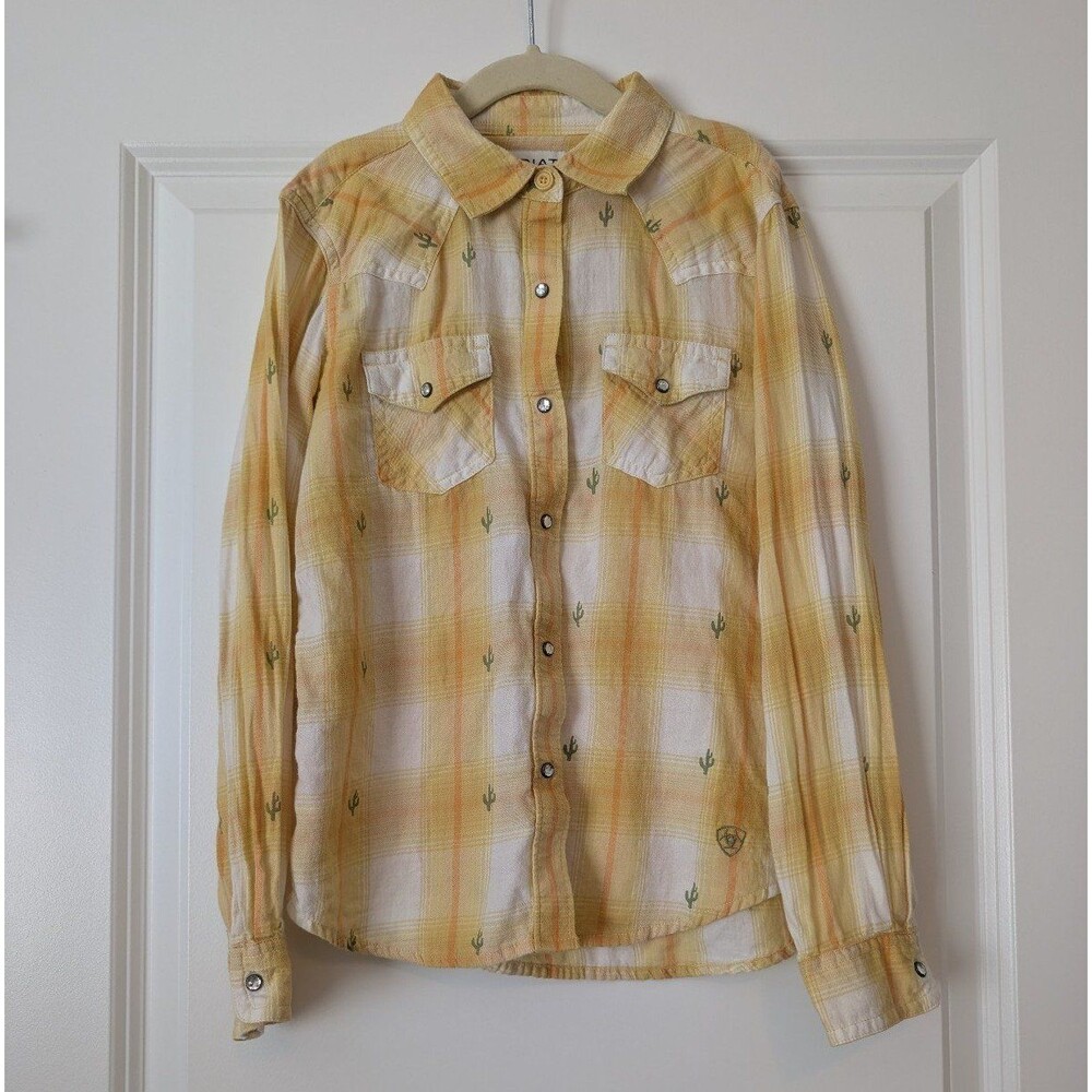 ARIAT Size M 10 Glenrock Cactus Plaid Long Sleeve Rhinestone Snap Western Top